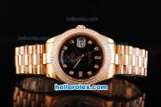 Rolex Day Date II Automatic Movement Full Rose Gold with Double Row Diamond Bezel-Diamond Markers and Black Dial
