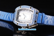 Richard Mille RM007 Automatic Movement Silver Case with Diamond Hour Marker and Blue Diamond Bezel-Blue Leather Strap