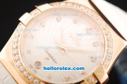 Omega Constellation Swiss ETA Quartz Rose Gold Case with Diamond Bezel and White Leather Strap