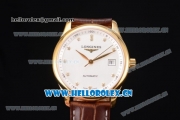 Longines Master Date Swiss ETA 2824 Automatic Yellow Gold Case with White Dial Diamonds Markers and Brown Leather Strap
