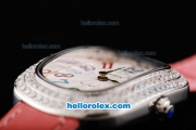 Franck Muller Galet Quartz Movement Silver Case with White Dial and Diamond Bezel-Pink Leather Strap