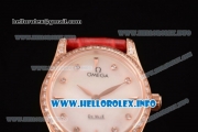 Omega De Ville Prestige Miyota Quartz Rose Gold Case with White MOP Dial Diamonds Bezel and Red Leather Strap