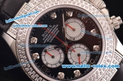 Rolex Daytona Swiss Valjoux 7750-SHG Automatic Diamond Case/Bezel - Black Dial and Black Leather Strap