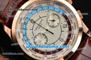 Patek Philippe Complicated World Time Chrono Miyota Quartz Rose Gold Case with Brown Leather Strap and White Dial