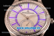 Jaeger-LeCoultre Lady Miyota Quartz Steel Case with White MOP Dial Purple Stick Markers and Black Leather Strap - Diamonds Bezel