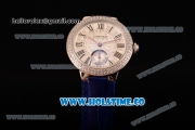 Cartier Ballon Bleu De Small Swiss Quartz Steel Case with Diamonds Bezel White Dial and Blue Leather Strap - Black Markers