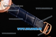 Cartier Rotonde De Swiss Quartz Rose Gold Case with White Guilloche Dial Diamonds Bezel and Blue Leather Strap