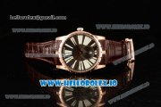 Roger Dubuis Excalibur 36 Miyota 9015 Automatic Rose Gold Case Black Dial With Roman Numeral Markers Brown Leather Strap