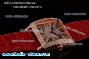 Franck Muller Master Square Swiss ETA 2824 Automatic Rose Gold Case Diamond Bezel with Red Leather Strap and Diamond Dial