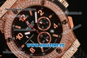 Hublot Big Bang Chrono Miyota OS20 Quartz Rose Gold Case with Black Dial Arabic Numeral/Stick Markers and Diamonds Bezel