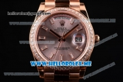 Rolex Day-Date Swiss ETA 2836 Automatic Rose Gold Case/Bracelet with Silver Dial and Stick Markers Diamonds Bezel (BP)