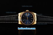 Rolex Datejust Swiss ETA 2836 Automatic Movement Gold Case with Royal Blue Dial and Black Leather Strap