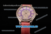 Jaeger-LeCoultre Lady Miyota Quartz Steel Case with White MOP Dial Purple Stick Markers and Pink Leather Strap - Diamonds Bezel