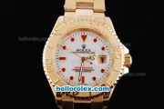 Rolex Yachtmaster Oyster Papetual Chronometer Automatic with White Dial and Full Gold Bezel,Case and Stap-Red Round Marking-Small Calendar