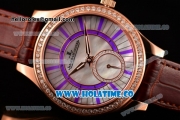 Jaeger-LeCoultre Lady Miyota Quartz Rose Gold Case with White MOP Dial Purple Stick Markers and Brown Leather Strap - Diamonds Bezel