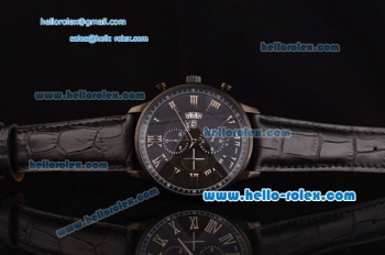 IWC Portuguese Chrono Japanese Miyota OS10 Quartz PVD Case with Black Leather Strap and Black Dial Roman Markers