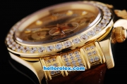 Rolex Daytona Oyster Perpetual Date Automatic Gold with Diamond Case,Gold Dial and Diamond Marking-Leather Strap