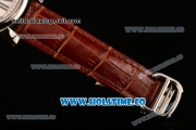 Cartier Rotonde De Miyota Quartz Steel Case with White Dial and Brown Leather Strap - Roman Numeral Markers