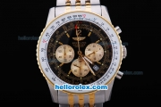 Breitling Navitimer Quartz Working Chronograph Movement Black Dial with Gold Subdials and Stick Marker-Two Tone Strap