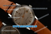 Omega Seamaster Citizen Automatic Movement Steel Case White Dial With Stick Markers Brown Leather Strap