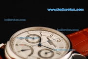 Patek Philippe Chronograph Swiss Valjoux 7750 Manual Winding Movement Steel Case with White Dial and Brown Leather Strap