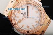 Hublot Big Bang Swiss Quartz Movement White Dial with Diamond Bezel and Rose Gold Stick Markers/Arabic Numerals-Lady Model