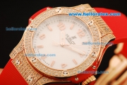 Hublot Big Bang King Swiss Quartz Movement Diamond Case and Bezel with White Dial and Red Rubber Strap