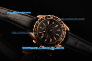 Omega Seamaster GMT Chronograph Miyota Quartz Movement Rose Gold Case with Black Bezel and Black Leather Strap