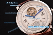 Cartier Rotonde De Tourbillon Asia 6497 Manual Winding Steel Case with White Dial and Brown Leather Strap
