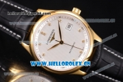 Longines Master Date Swiss ETA 2824 Automatic Yellow Gold Case with White Dial Black Leather Strap and Diamonds Markers