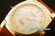 Rolex Cellini Swiss Quartz Yellow Gold Case with White MOP Dial and Brown Leather Strap-Roman Markers