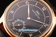 IWC Portuguese Vintage Asia 6497 Manual Winding Movement Rose Gold Case with Black Dial and Black Leather Strap