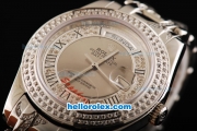 Rolex Day Date Oyster Perpetual Swiss ETA 2836 Automatic Movement Silver/Diamond Dial with Diamond Bezel and Black Roman Numeral Marker-Diamond/Steel Strap