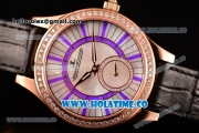 Jaeger-LeCoultre Lady Miyota Quartz Rose Gold Case with White MOP Dial Purple Stick Markers and Black Leather Strap - Diamonds Bezel