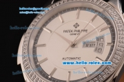 Patek Philippe Calatrava Swiss ETA 2824 Automatic Steel Case Diamond Bezel with Black Leather Strap White Dial Stick Markers