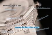 Audemars Piguet Royal Oak Ladies Swiss Quartz Steel/Diamond Case with White Leather Bracelet and White Dial - 1:1 Original