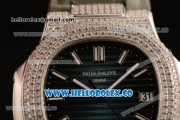 Patek Philippe Nautilus Miyota 9015 Automatic Diamonds/Steel Case with Blue Dial Diamonds Bezel and Green Leather Strap (AAAF)