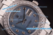 Rolex Day-Date Pearlmaster Swiss ETA 2836 Automatic Steel Case/Strap with Diamond Bezel and Ice-Blue MOP Dial