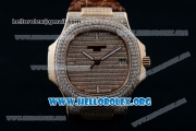 Patek Philippe Nautilus Miyota 9015 Automatic Rose Gold Case with Diamond Dial and Brown Leather Strap