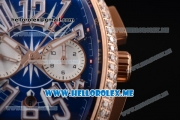 Franck Muller Vanguard Miyota OS20 Quartz Rose Gold Case with Blue Dial Blue Leather Strap Arabic Numeral Markers and Diamonds Bezel