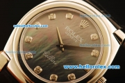 Rolex Cellini Swiss Quartz Steel Case with Black MOP Dial and Black Leather Strap-Diamond Markers