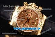 Rolex Cosmograph Daytona Clone Rolex 4130 Automatic Yellow Gold Case with Rose Gold Dial Diamonds Markers and Black Leather Strap (EF)