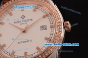 Patek Philippe Calatrava Swiss ETA 2824 Automatic Steel Case Rose Gold/Diamond Bezel with Brown Leather Strap White Dial Diamond Markers