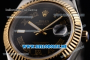 Rolex Day-Date II Asia Automatic Two Tone Case/Bracelet with Black Dial and Roman Numeral Markers