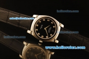 Rolex Cellini Swiss Quartz Steel Case with Black Dial and Black Leather Strap-Diamond Markers