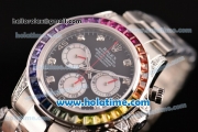 Rolex Daytona Rainbow Asia 3836 Automatic Steel Case/Strap with Colorful Diamond Bezel and Black Dial (BP)