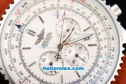 Breitling Navitimer Chronograph Quartz Movement Silver Case with White Dial and Brown Leather Strap-Stick Markers