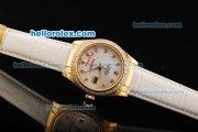 Rolex Datejust Oyster Perpetual Automatic Movement Gold Case with Diamond Markers/Bezel and white Leather Strap