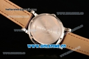 Cartier Rotonde De Miyota Quartz Steel Case with White Dial and Brown Leather Strap - Roman Numeral Markers