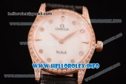 Omega De Ville Prestige Miyota Quartz Rose Gold Case with White MOP Dial Diamonds Bezel and Black Leather Strap